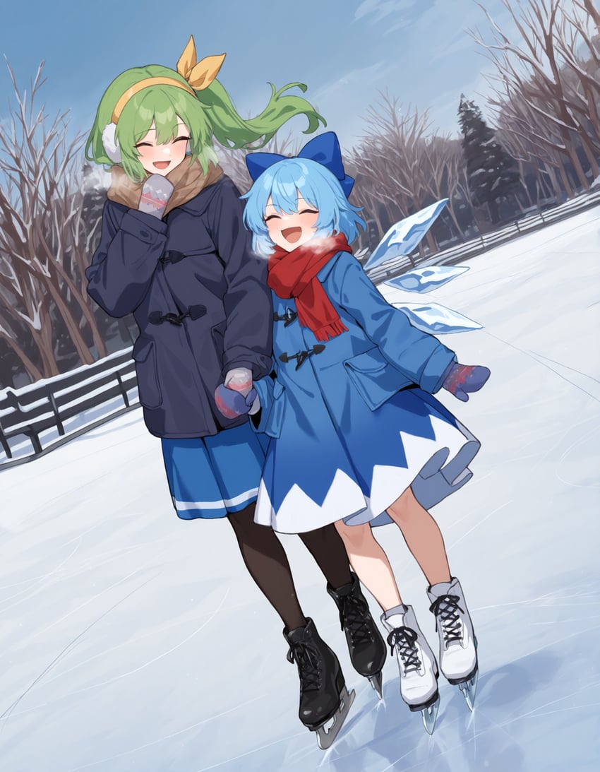 2girls, :d, ^_^, bare_tree, black_leggings, blue_bow, blue_hair, blue_skirt