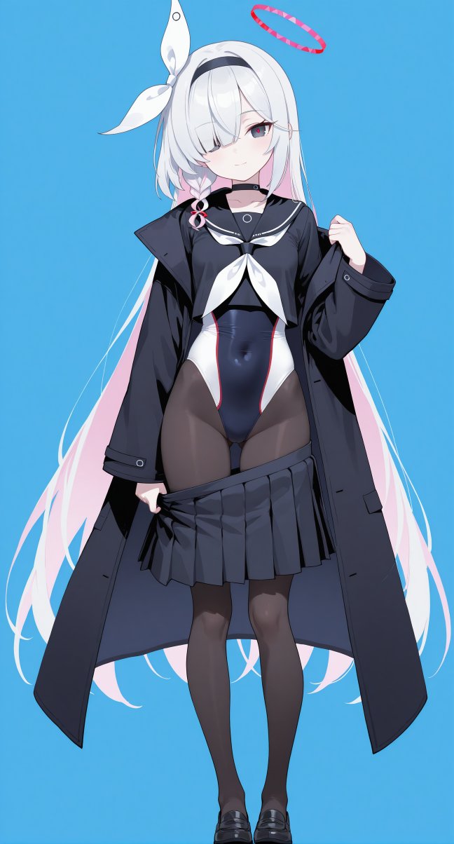 1girl, aiavaai, black_choker, black_coat, black_eyes, black_footwear, black_hairband, black_one-piece_swimsuit