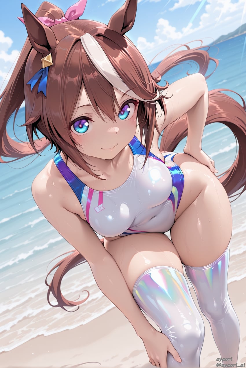 1girl, ayaori_ai, beach, bent_over, blue_eyes, blue_one-piece_swimsuit, blue_ribbon, breasts