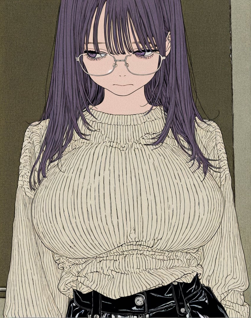 1girl, alcott777, bangs, breasts, closed_mouth, faux_traditional_media, glasses, long_hair, long_sleeves, looking_at_viewer, original, purple_eyes, purple_hair, ribbed_sweater, solo, sweater, upper_body