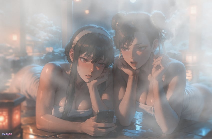 2girls, absurdres, bare_shoulders, bath, bathrobe, black_hair, breasts, chun-li