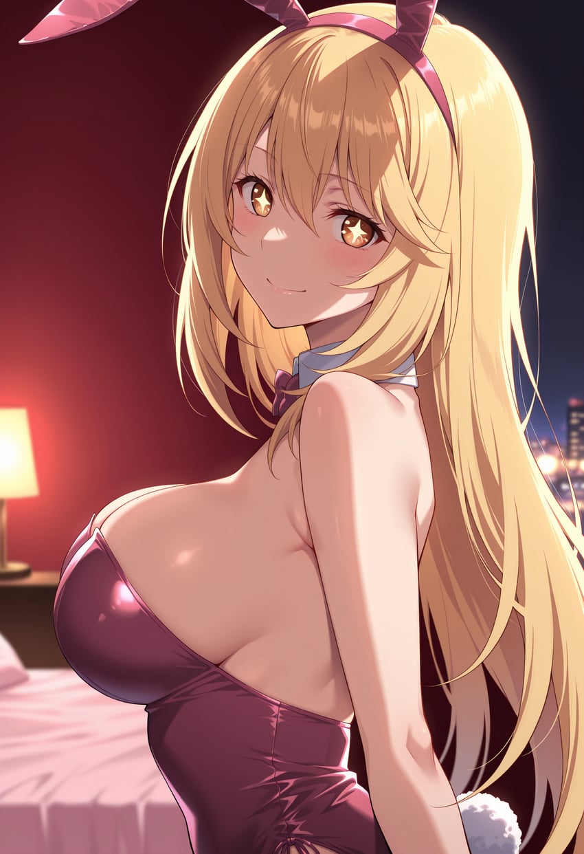 +_+, 1girl, absurdres, animal_ears, arm_at_side, bangs, bare_arms, bed, bedroom, blonde_hair, blurry, blurry_background, booby5291, bow, bowtie, breasts, closed_mouth, commentary_request, detached_collar, fake_animal_ears, fake_rabbit_tail, forehead, hair_between_eyes, head_tilt, highleg, highleg_leotard, highres, incredibly_absurdres, indoors, japanese_commentary, lamp, large_breasts, leotard, long_hair, parted_bangs, pink_bow, pink_bowtie, pink_leotard, playboy_bunny, rabbit_tail, shadow, shokuhou_misaki, side-tie_leotard, sideboob, smile, strapless, strapless_leotard, symbol-shaped_pupils, tail, toaru_kagaku_no_railgun, toaru_majutsu_no_index, upper_body, yellow_eyes