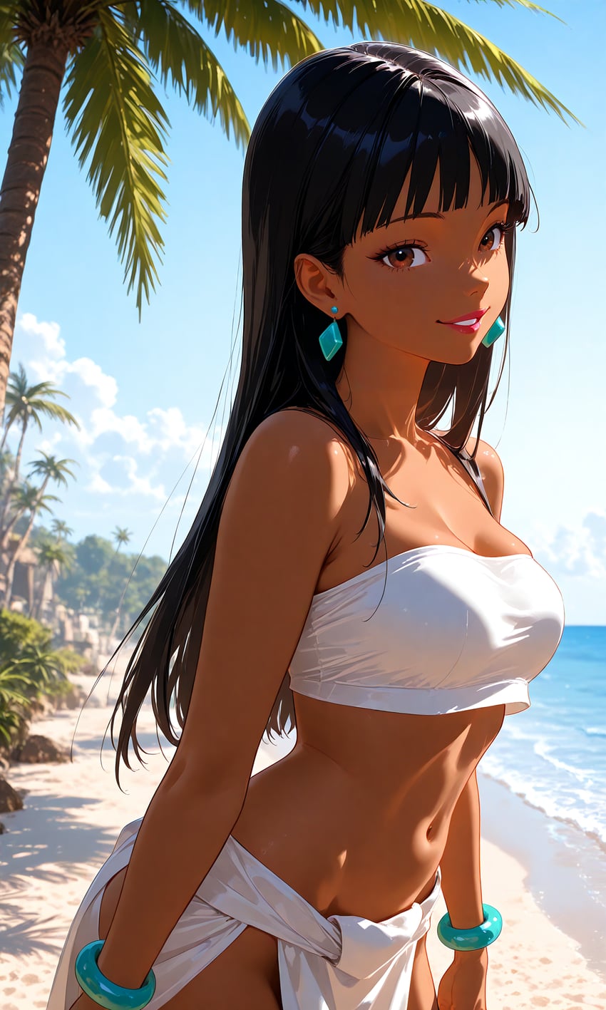 1girl, adetailer, aqua_gemstone, bangs, bare_shoulders, beach, black_hair, blue_sky, blunt_bangs, blurry, blurry_background, breasts, brown_eyes, chel_(the_road_to_el_dorado), cloud, collarbone, cowboy_shot, dark_skin, day, earrings, hair_over_shoulder, highres, inpainted, jewelry, kurogane723, loincloth, long_hair, looking_at_viewer, lora, medium_breasts, ocean, open_mouth, outdoors, palm_tree, pelvic_curtain, red_lips, sand, sky, smile, solo, standing, stomach, strapless, sunlight, the_road_to_el_dorado, tofu-mix_sdxl, tree, tube_top, waves, white_loincloth, white_tube_top