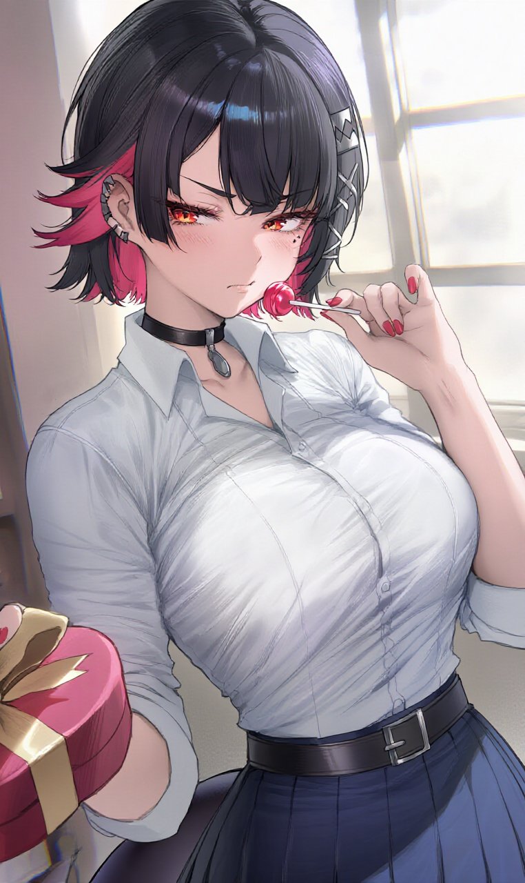 1girl, belt, belt_buckle, black_belt, black_collar, black_hair, black_tail, blue_skirt