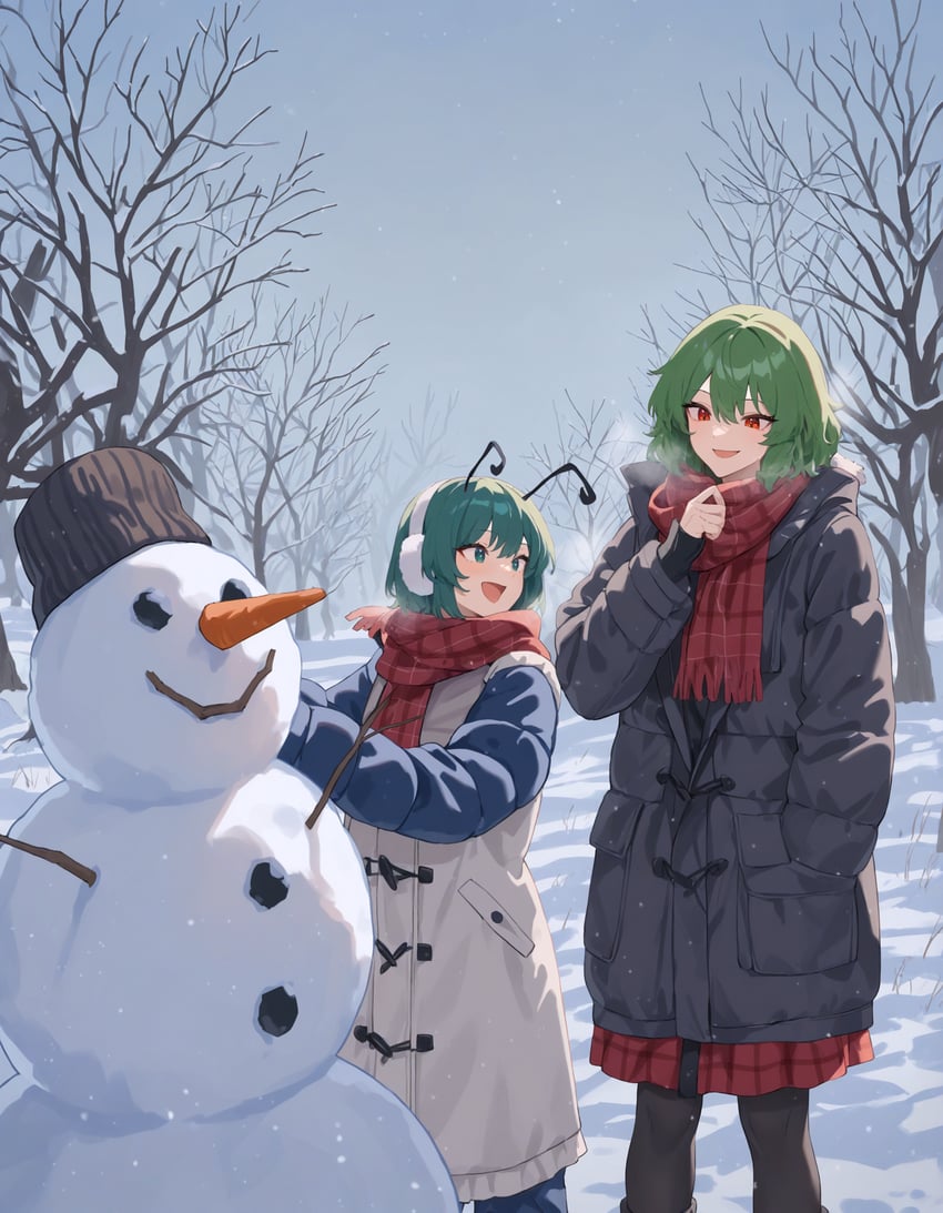 2girls, :d, antennae, bare_tree, beanie, black_coat, black_headwear, black_leggings