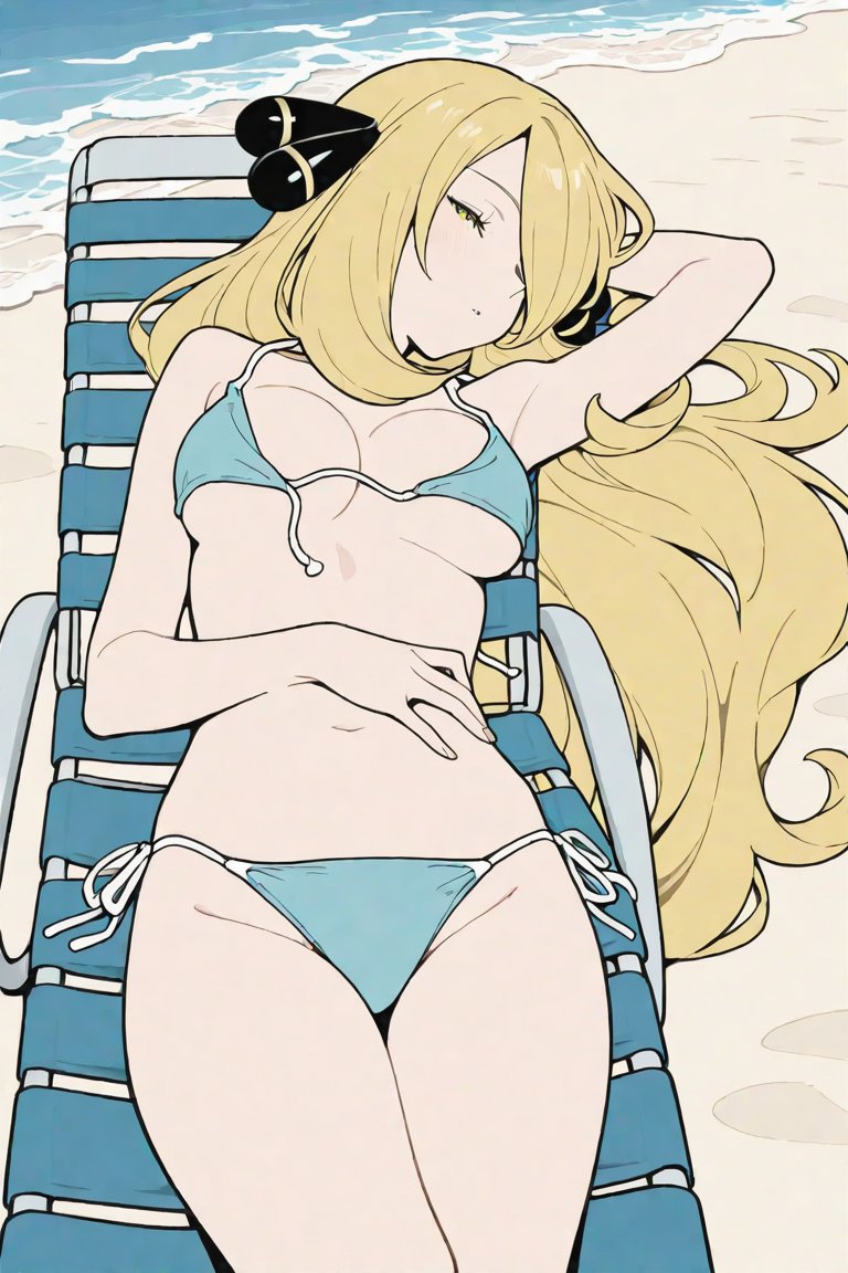 1girl, alternate_costume, aqua_bikini, arm_behind_head, arm_up, armpits, bare_arms, bare_shoulders