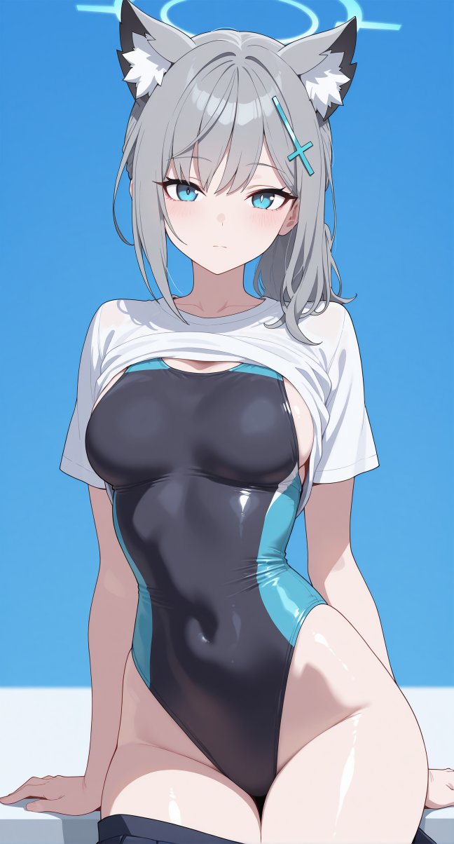 1girl, aiavaai, animal_ear_fluff, animal_ears, black_one-piece_swimsuit, blue_archive, blue_background, blue_eyes, blue_halo, breasts, closed_mouth, collarbone, commentary, covered_navel, cowboy_shot, english_commentary, expressionless, eyebrows_visible_through_hair, grey_hair, groin, hair_ornament, halo, highleg, highleg_one-piece_swimsuit, japanese_commentary, light_blush, looking_at_viewer, medium_breasts, medium_hair, mixed-language_commentary, model_request, official_alternate_costume, one-piece_swimsuit, shiroko_(blue_archive), shiroko_(swimsuit)_(blue_archive), simple_background, solo, swimsuit