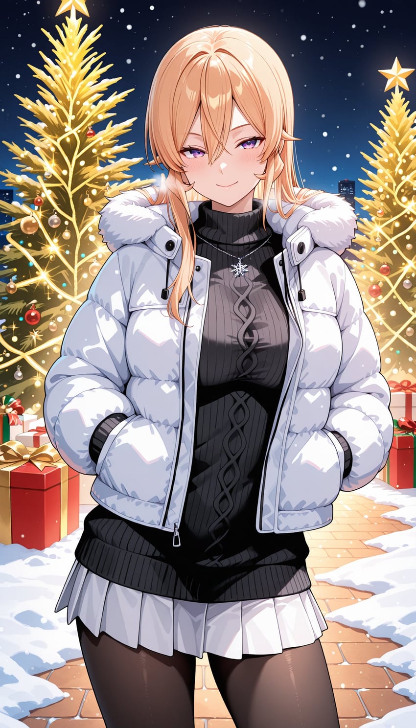 1girl, black_pantyhose, blonde_hair, box, breasts, building, christmas, christmas_lights