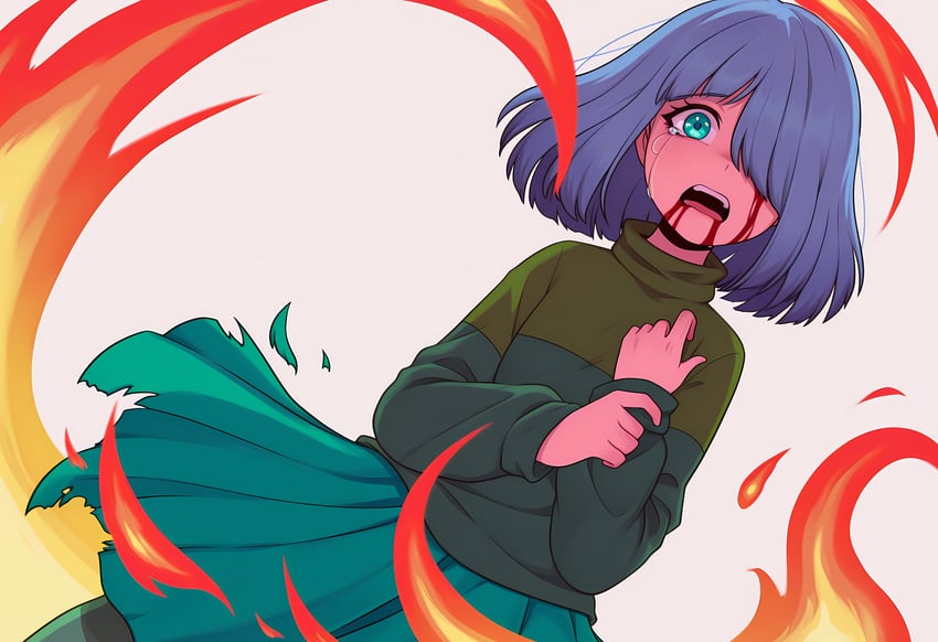 1girl, absurdres, alternate_universe, amber_lightvale, aqua_eyes, aqua_skirt, blood, blood_from_eyes, blood_from_mouth, blood_on_face, blue_eyes, blue_hair, constricted_pupils, crying, daskmaster, dutch_angle, fire, glitchtale, green_pantyhose, green_sweater, grey_background, hair_over_one_eye, hand_on_own_arm, hand_on_own_chest, highres, injury, long_sleeves, looking_at_viewer, medium_hair, one_eye_covered, open_mouth, pantyhose, pleated_skirt, scared, short_hair, simple_background, skirt, solo, striped, striped_sweater, sweater, tears, teeth, torn_clothes, torn_skirt, undertale, upper_teeth_only, wind