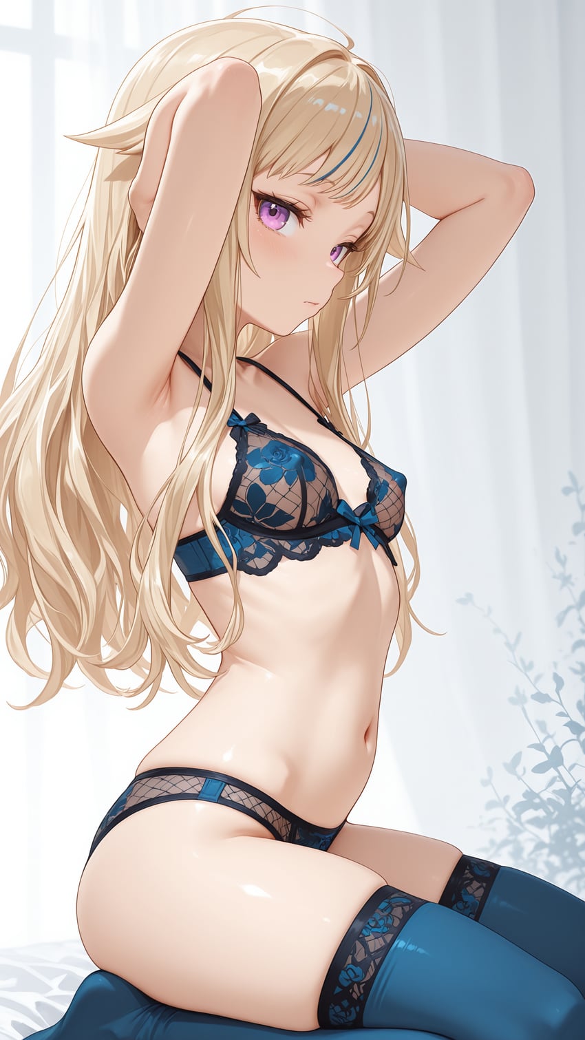 1girl, abstract_background, absurdres, arms_behind_head, blonde_hair, blue_thighhighs, bra, breasts, covered_nipples, from_side, hair_flaps, highres, himehina_channel, indian_style, kaenni, lingerie, long_hair, looking_at_viewer, multicolored_hair, non-web_source, panties, purple_eyes, see-through_clothes, self-upload, sitting, skindentation, skinny, small_breasts, streaked_hair, suzuki_hina, thighhighs, underwear