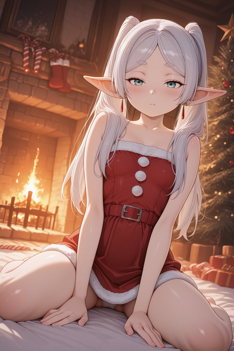 1girl, aqua_eyes, bangs, bare_arms, bare_legs, bare_shoulders, barefoot, belt, between_legs, blush, box, breasts, candy, candy_cane, christmas, christmas_ornaments, christmas_outfit, christmas_present, christmas_stocking, christmas_tree, closed_mouth, collarbone, commentary, dangle_earrings, dress, drop_earrings, earrings, elf, english_commentary, fire, fireplace, food, frieren, fur-trimmed_dress, fur_trim, gift, gift_box, green_eyes, hand_between_legs, hat, ichigomango, indoors, jewelry, long_hair, looking_at_viewer, metadata_request, model_request, on_bed, panties, panty_peek, pantyshot, parted_bangs, petite, pointy_ears, red_dress, santa_costume, santa_dress, santa_hat, short_dress, sitting, small_breasts, solo, sousou_no_frieren, strapless, strapless_dress, thick_eyebrows, thighs, twintails, underwear, wariza, white_hair, white_panties