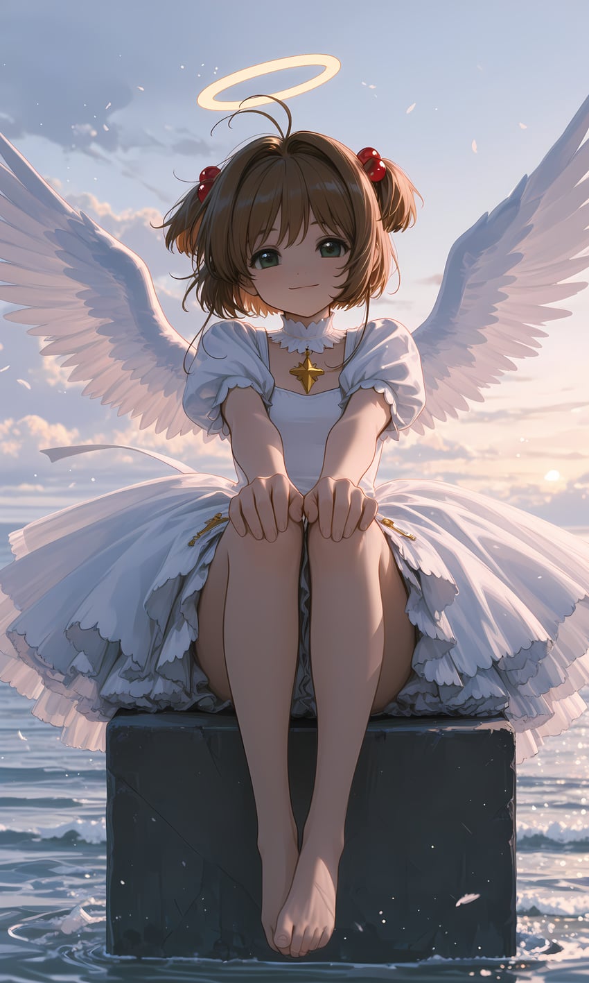 1girl, absurdres, brown_hair, clamp_(style), feathered_wings, floating, green_eyes, halo, happy, highres, kinomoto_sakura, loli, looking_at_viewer, non-web_source, outdoors, pixaiart, plant_milk, self-upload, sitting, smile, solo, tsubasadamian, wings
