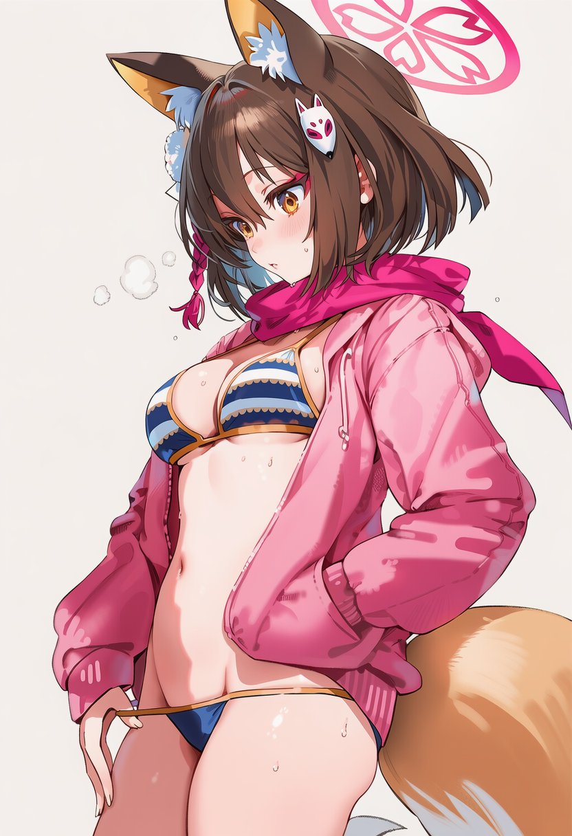 1girl, animal_ear_fluff, animal_ears, bikini, blue_archive, blue_bikini, blush, breasts