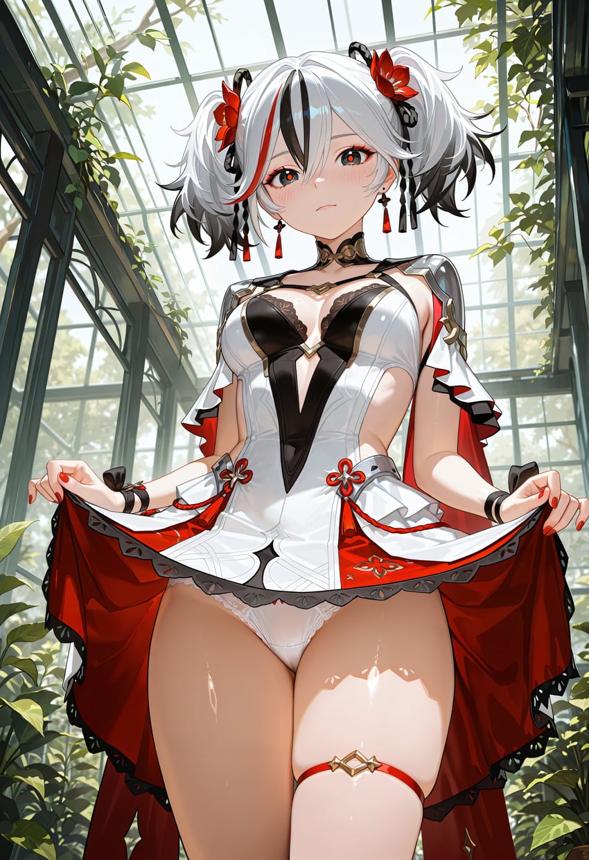 1girl, absurdres, black_streaks, camellya_(wuthering_waves), cleavage_cutout, clothes_lift, clothing_cutout, dress