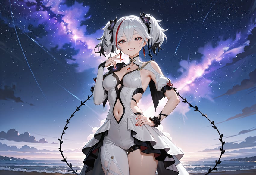 1girl, absurdres, black_streaks, camellya_(wuthering_waves), clothing_cutout, cloud, dark_clouds, dress