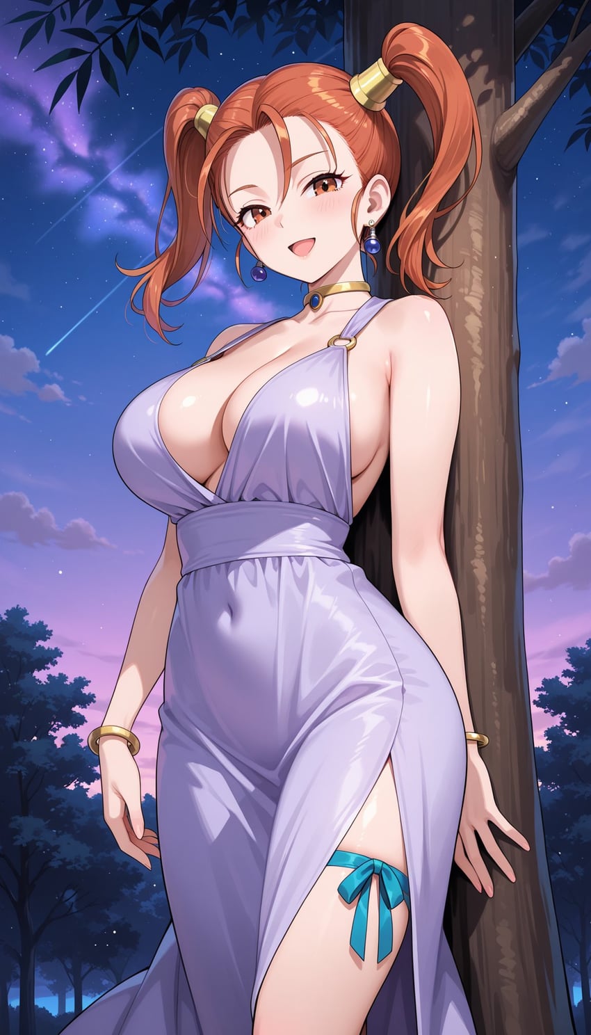 1girl, :d, against_tree, alternate_breast_size_(larger), aqua_ribbon, arm_behind_head, bare_arms, breasts, cleavage, cloud, collarbone, commentary_request, covered_navel, cowboy_shot, dragon_quest, dragon_quest_viii, dress, earrings, forehead, forest, gold_bracelet, gold_choker, hair_tubes, highres, huge_breasts, japanese_commentary, jessica_albert, jewelry, jyun067, legs_together, looking_at_viewer, medium_hair, nature, night, o-ring, open_mouth, orange_eyes, orange_hair, outdoors, purple_dress, ribbon, shooting_star, side_slit, sky, smile, solo, standing, star_(sky), starry_sky, thigh_strap, thighs, tree, twintails, v-shaped_eyebrows