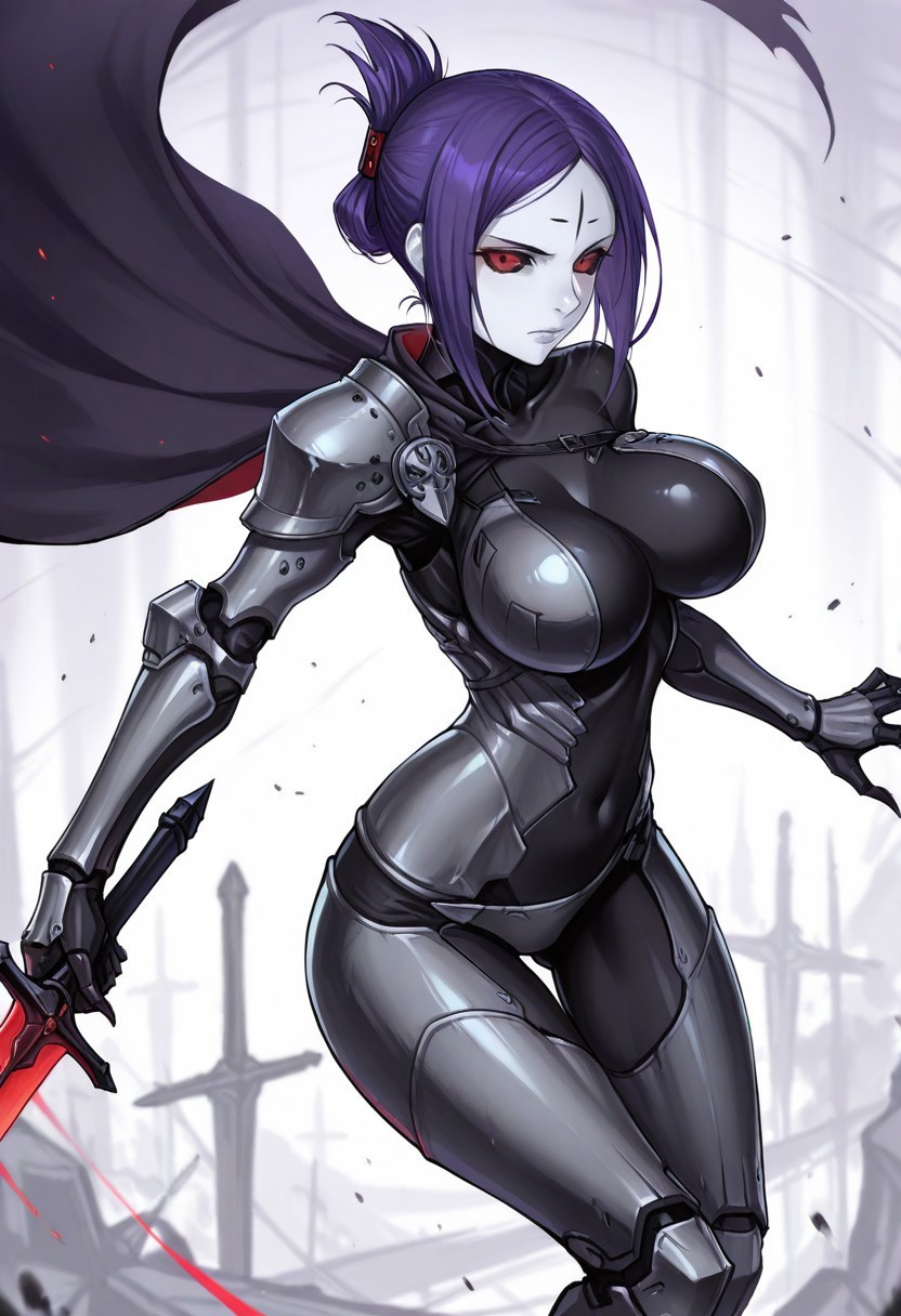1girl, android, armor, battlefield, black_cape, black_sclera, blame!, bodysuit