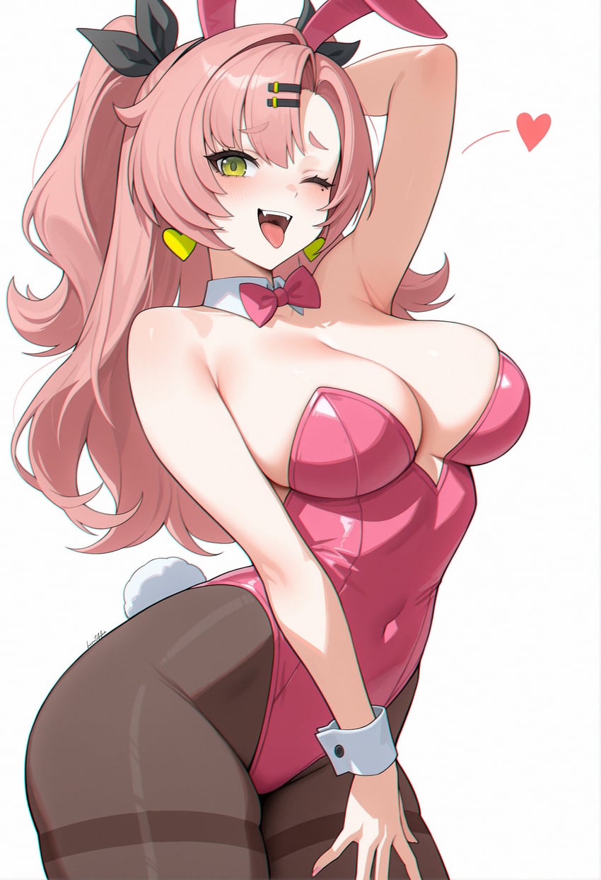 1girl, ;p, \||/, absurdres, adetailer, animal_ears, arched_back, arm_behind_head