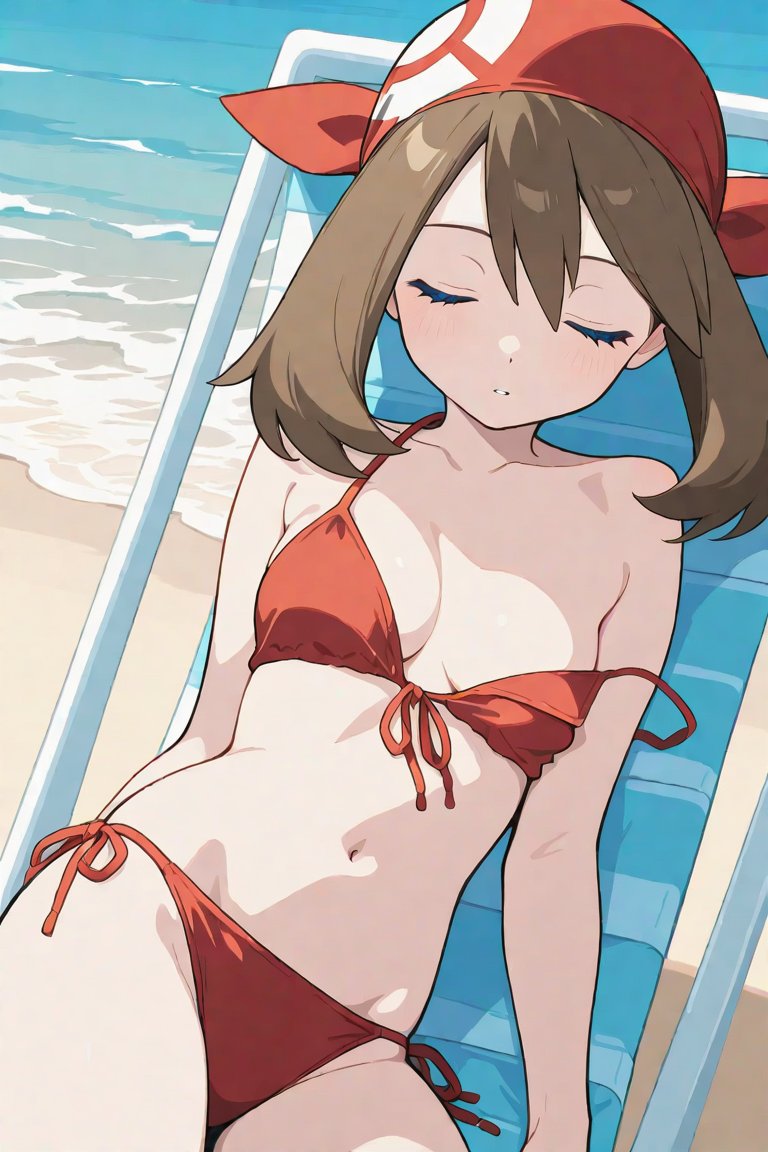 1girl, bandana, bare_arms, bare_shoulders, beach, beach_chair, bikini, blush