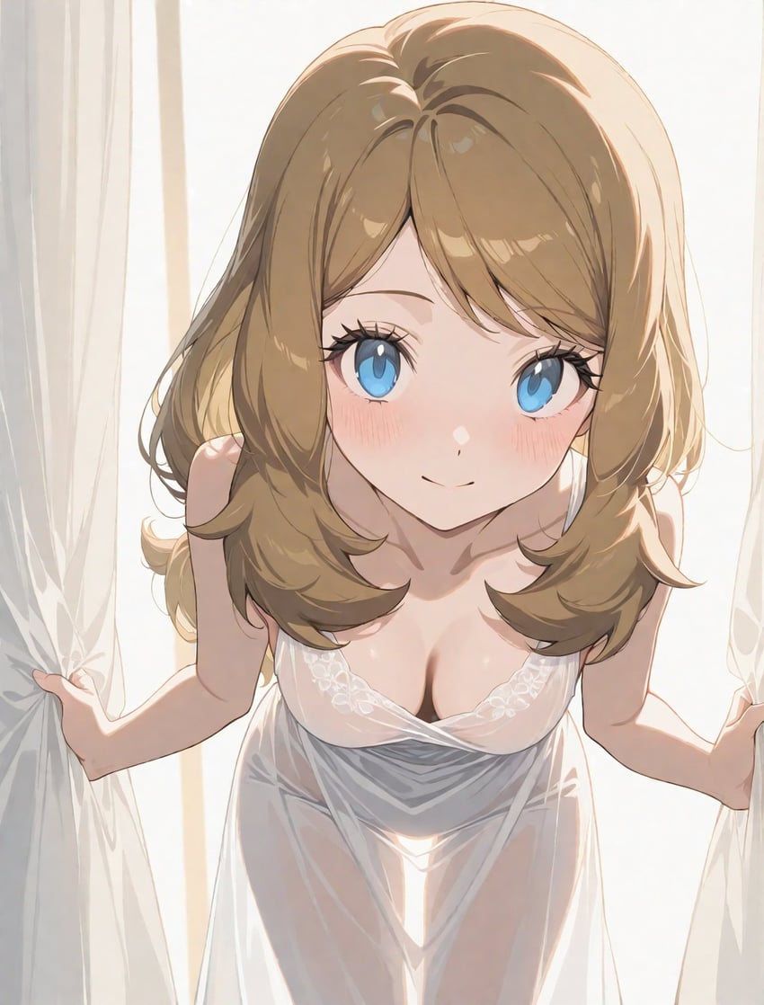 1girl, alternate_hair_length, alternate_hairstyle, bangs, bare_arms, bent_over, blue_eyes, breasts