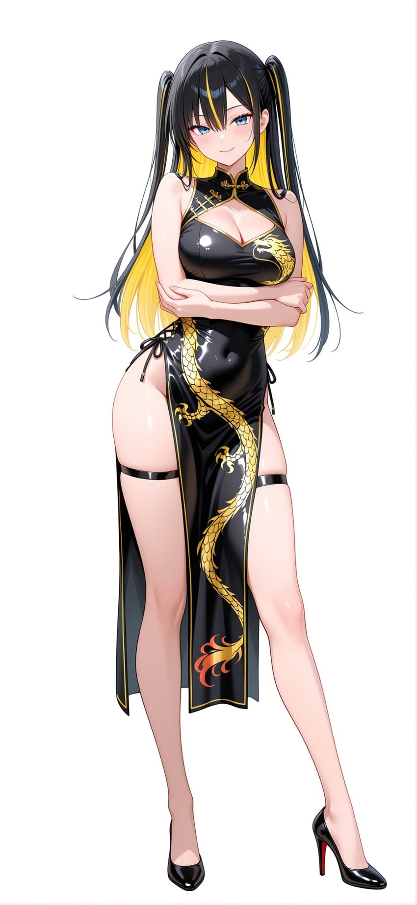 1girl, arms_under_breasts, bangs, bare_arms, black_dress, black_footwear, black_hair, blonde_hair