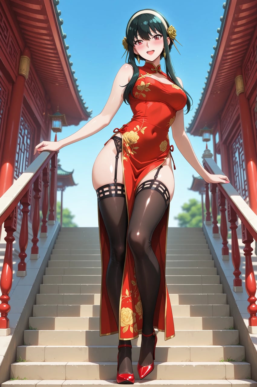 1girl, :d, a-pose, architecture, bangs, bare_arms, black_garter_belt, black_garter_straps