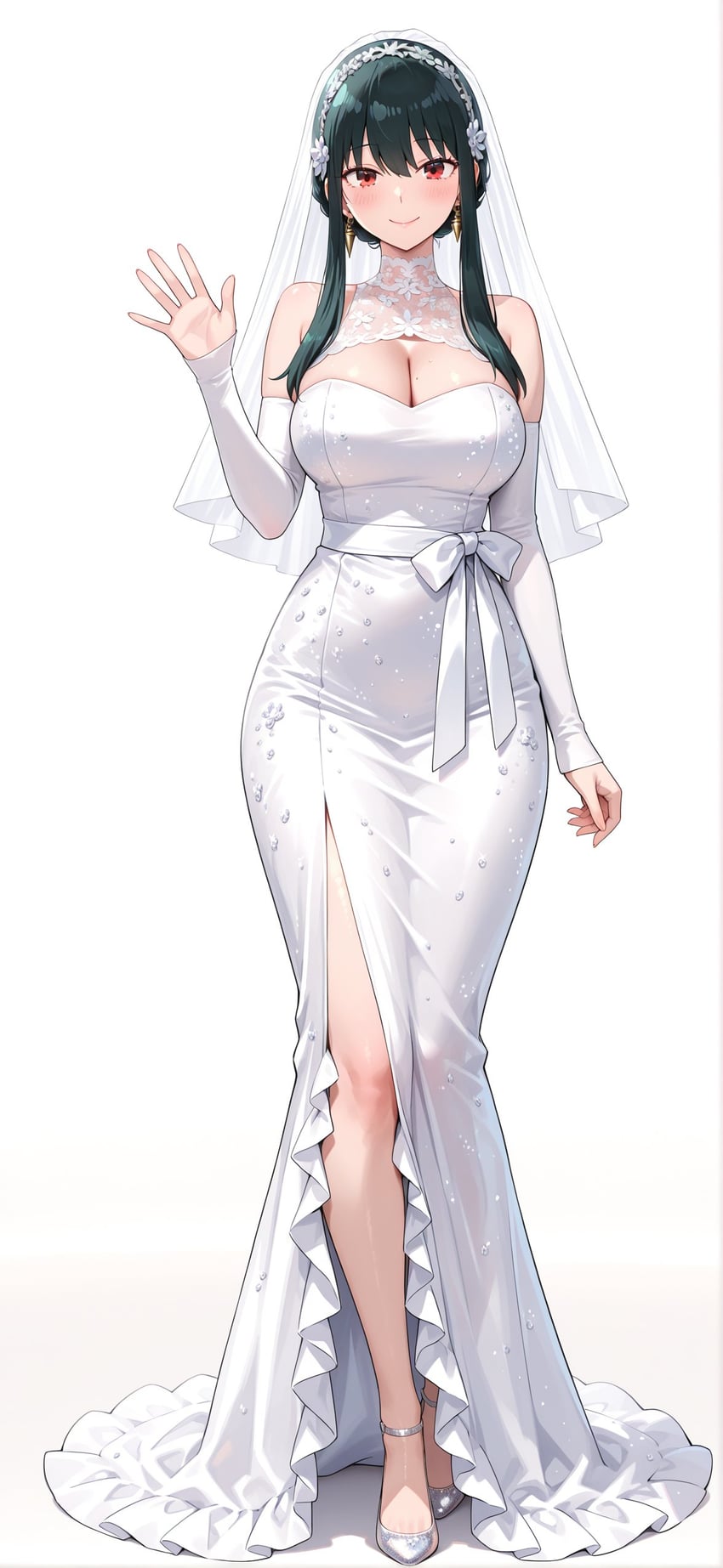 1girl, ankle_strap, arm_at_side, bad_hands, bare_shoulders, black_hair, breasts, bridal_veil