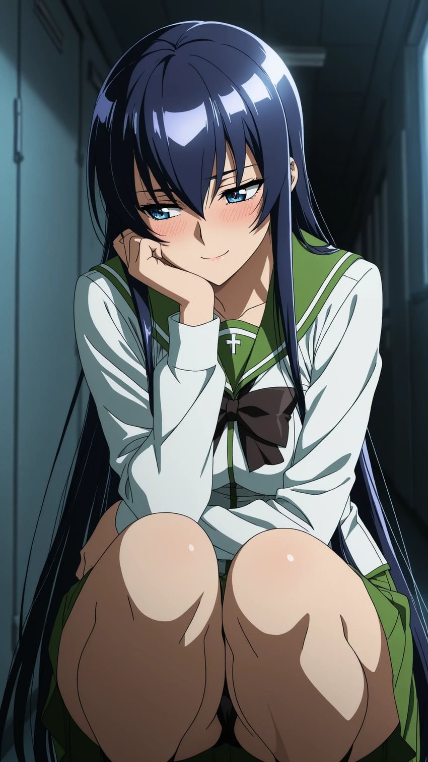 1girl, blue_eyes, breasts, busujima_saeko, hallway, herozero, highres, highschool_of_the_dead, large_breasts, light_blush, long_hair, looking_at_another, low_light, miniskirt, school_uniform, self-upload, skirt, smile, solo, squatting, thong