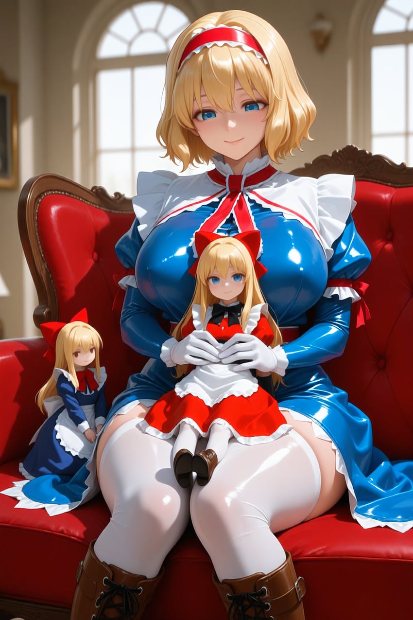3girls, alice_margatroid, apron, bangs, black_bow, black_bowtie, blonde_hair, blue_dress
