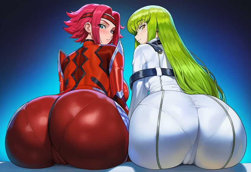 2girls, apprenticedomini, ass, ass-to-ass, ass_focus, back, blue_background, blue_eyes, blunt_ends, blush, bodysuit, breasts, c.c., cameltoe, closed_mouth, code_geass, dark_background, from_behind, gradient, gradient_background, green_hair, headband, huge_ass, kallen_stadtfeld, large_breasts, long_hair, long_sleeves, looking_at_viewer, looking_back, mecha_pilot_suit, multiple_girls, non-web_source, novelai, pantylines, pilot_suit, red_bodysuit, red_hair, red_headband, science_fiction, self-upload, short_hair, side-by-side, sitting, skin_tight, smile, straitjacket, white_bodysuit, yellow_eyes