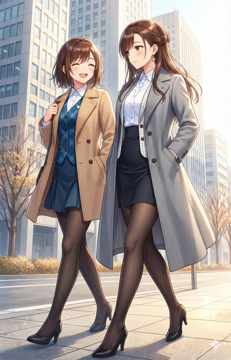 2girls, :d, bag, bangs, black_footwear, black_pantyhose, black_skirt, blue_skirt