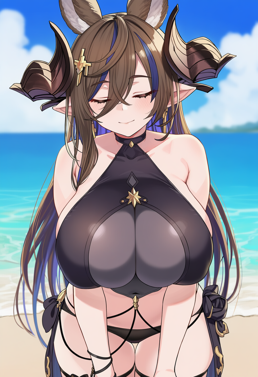 1girl, alternate_breast_size_(larger), animal_ears, apprenticedomini, bangs, bare_shoulders, beach, bikini