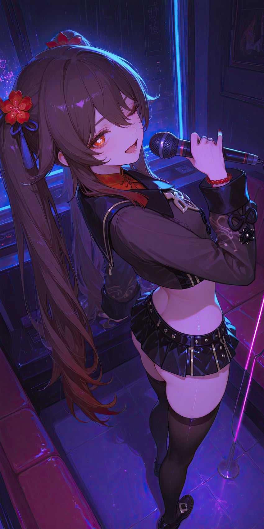 1girl, ;d, absurdres, ass, beads, black_footwear, black_jacket, black_skirt