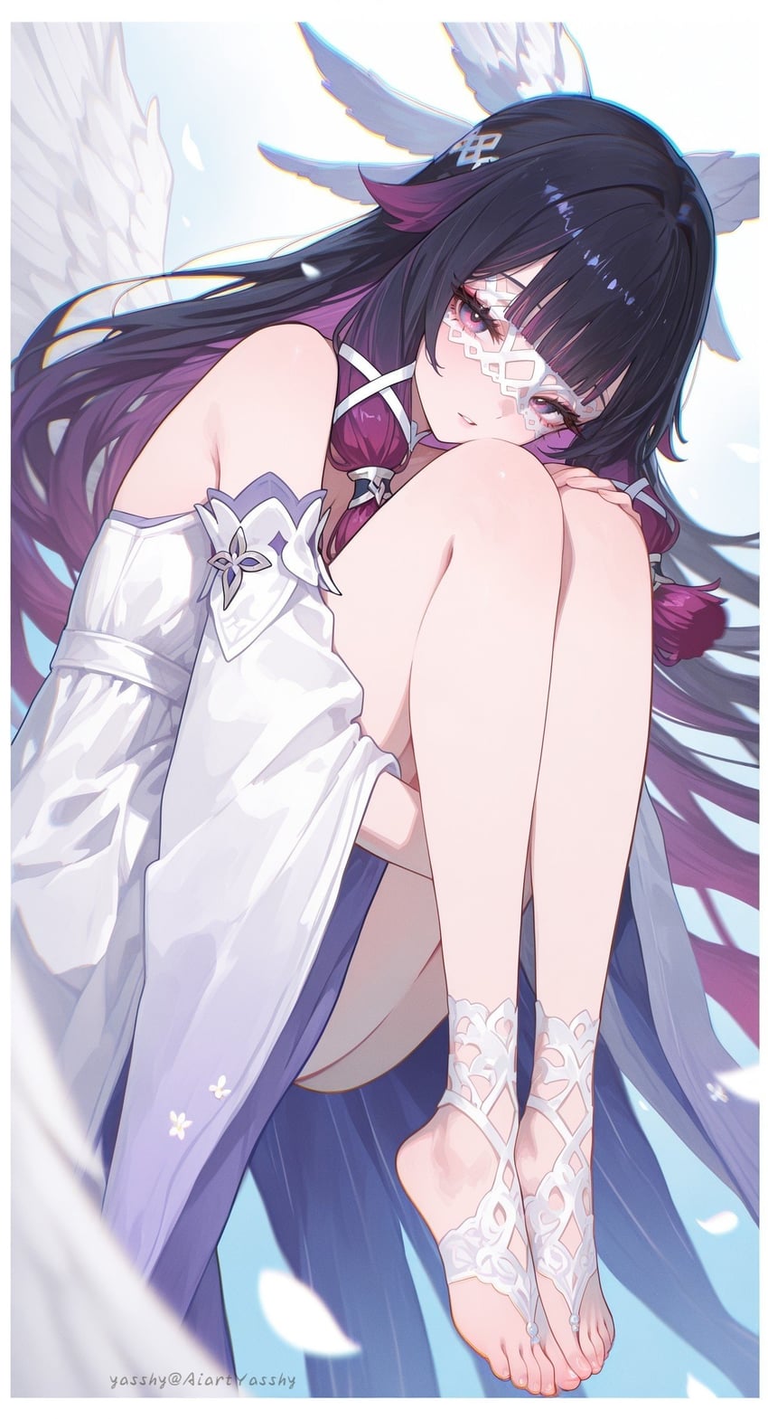 1girl, bangs, bare_shoulders, black_hair, border, columbina_(genshin_impact), feet, genshin_impact