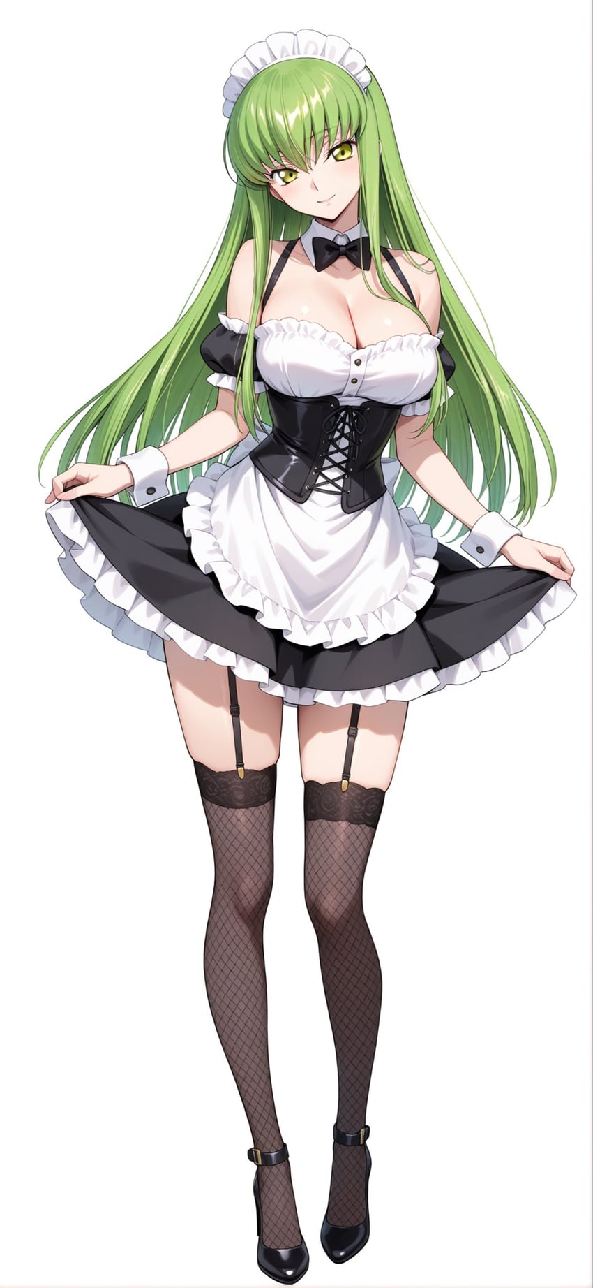 1girl, apron, bare_shoulders, black_bow, black_bowtie, black_corset, black_dress, black_footwear