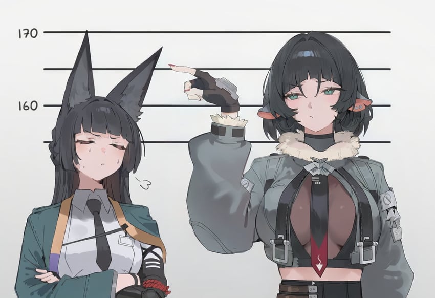 2girls, animal_ears, arm_up, bangs, black_gloves, black_hair, black_necktie, blunt_bangs