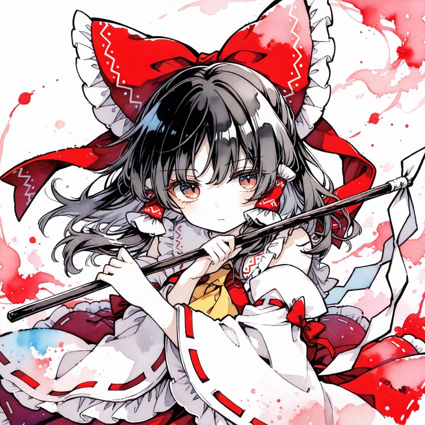 1girl, ascot, bare_shoulders, black_hair, bow, brown_eyes, closed_mouth, detached_sleeves