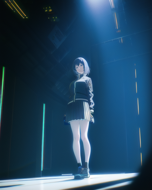 1girl, backlighting, bad_link, black_jacket, black_skirt, black_socks, blue_eyes, blue_footwear