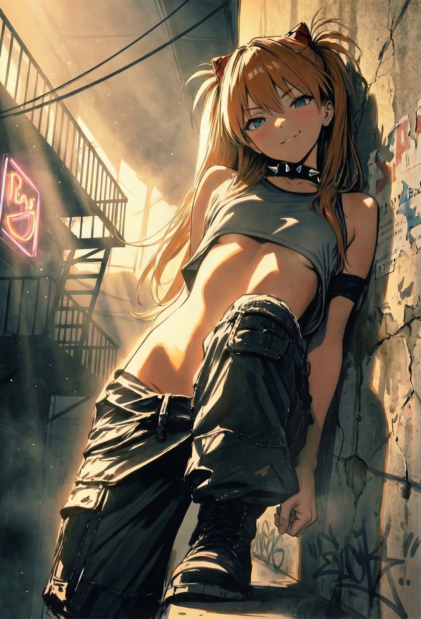 1girl, absurdres, bare_shoulders, black_footwear, black_pants, blackthrone_ai, blue_eyes, breasts, choker, crop_top, from_below, graffiti, grey_shirt, head_tilt, highres, indoors, ladder, leg_up, long_hair, looking_at_viewer, midriff, neon_genesis_evangelion, neon_lights, pants, power_lines, railing, red_hair, shirt, small_breasts, smile, smirk, souryuu_asuka_langley, spiked_choker, spikes, stone_wall, sunlight, teeth, underboob, wall