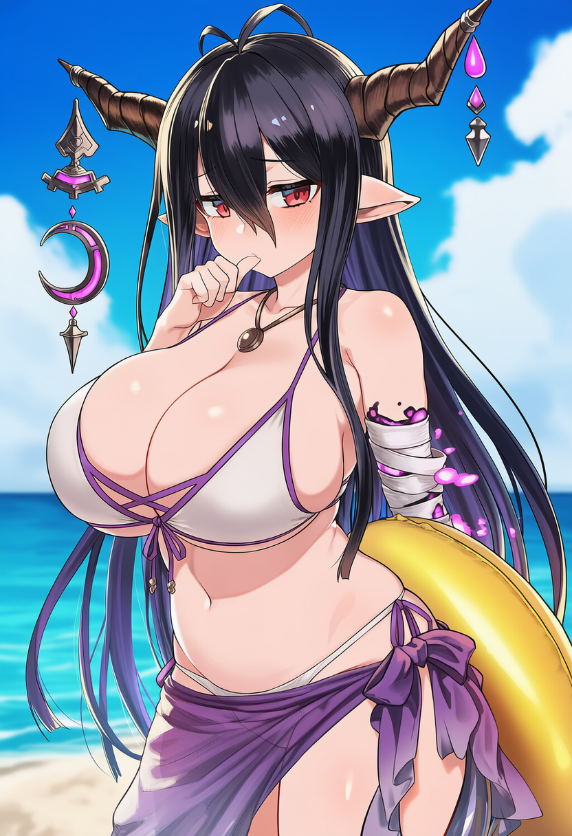 1girl, ahoge, antenna_hair, apprenticedomini, bandaged_arm, bandages, bangs, bare_shoulders