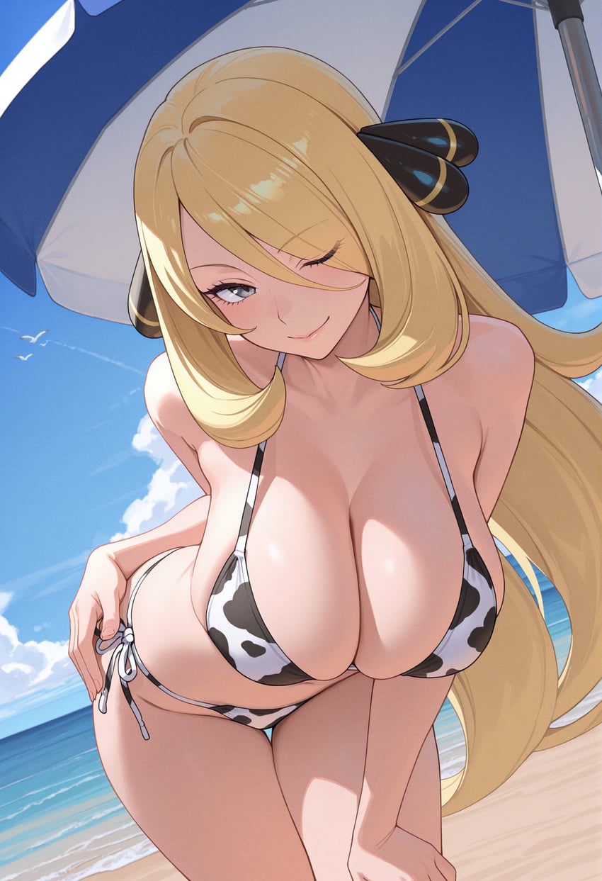 1girl, absurdres, animal_print, bangs, bare_arms, bare_legs, bare_shoulders, beach