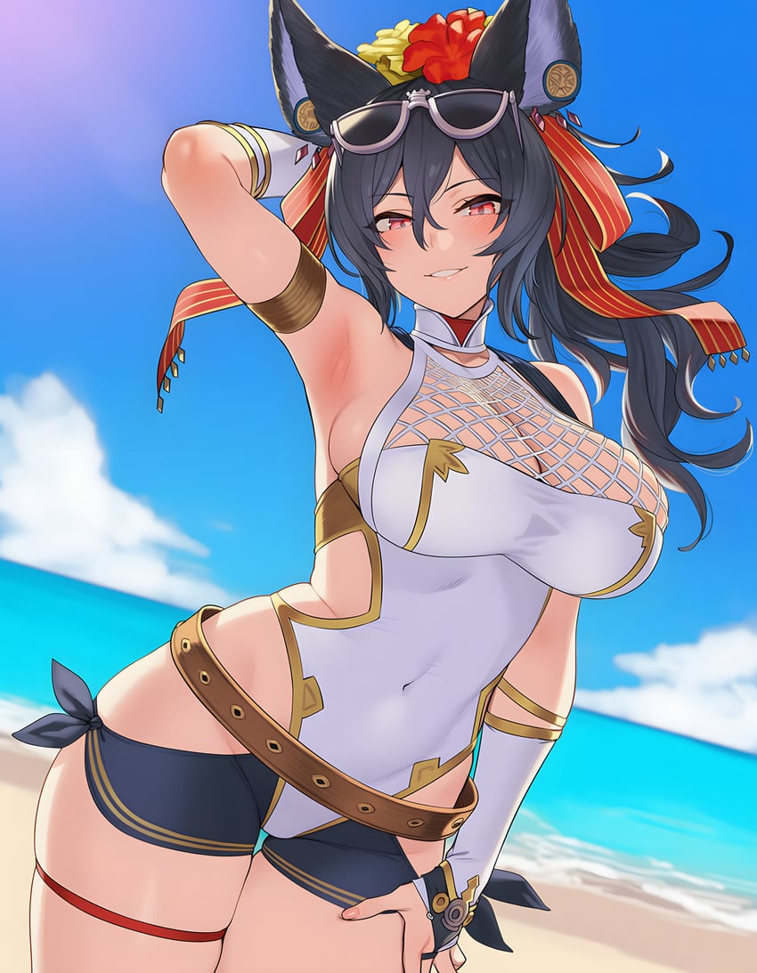 1girl, absurdres, animal_ears, arm_behind_head, arm_up, armlet, armpits, bare_shoulders