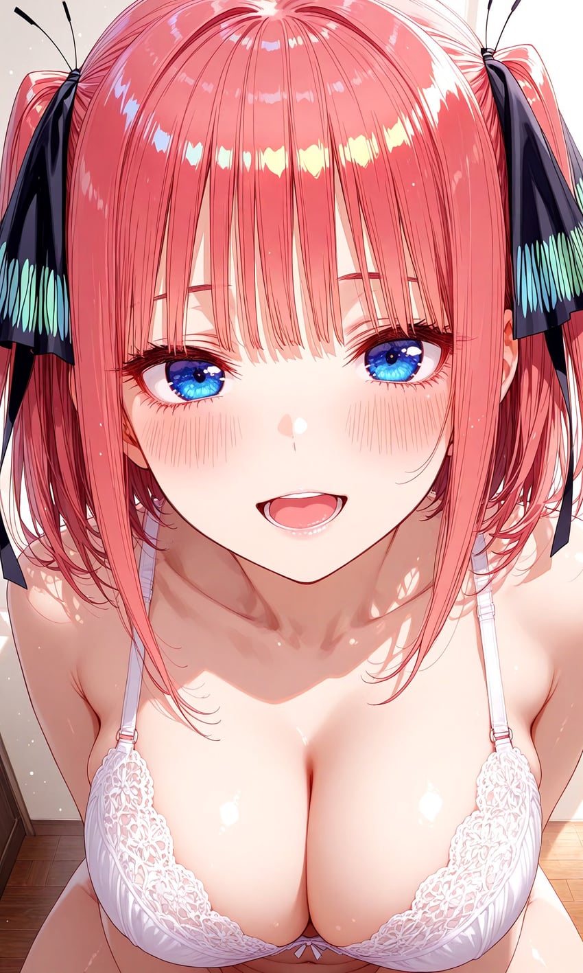 1girl, bangs, bare_arms, bare_shoulders, black_ribbon, blue_eyes, blunt_bangs, blush