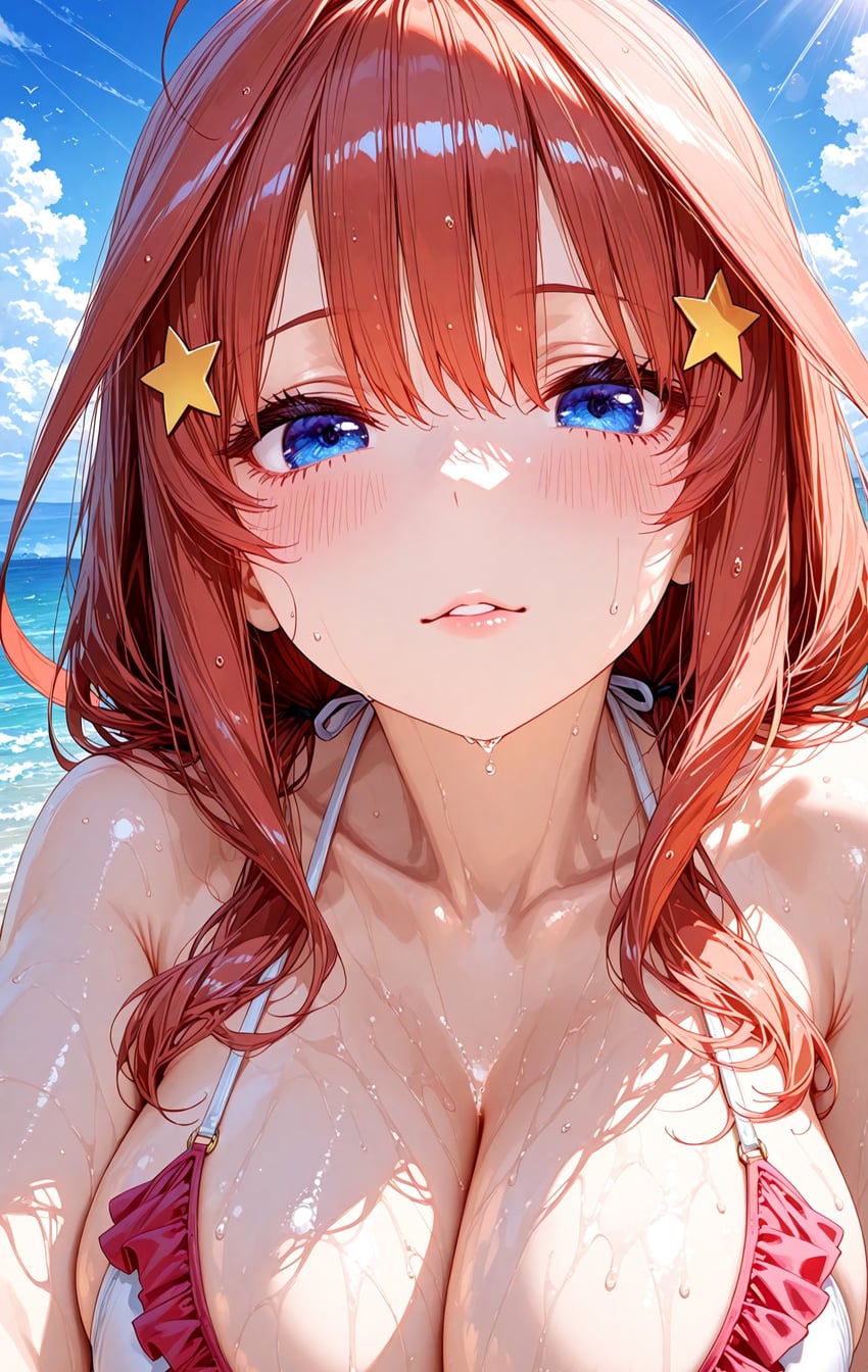 1girl, ahoge, bangs, bare_arms, bare_shoulders, beach, bikini, bikini_top_only