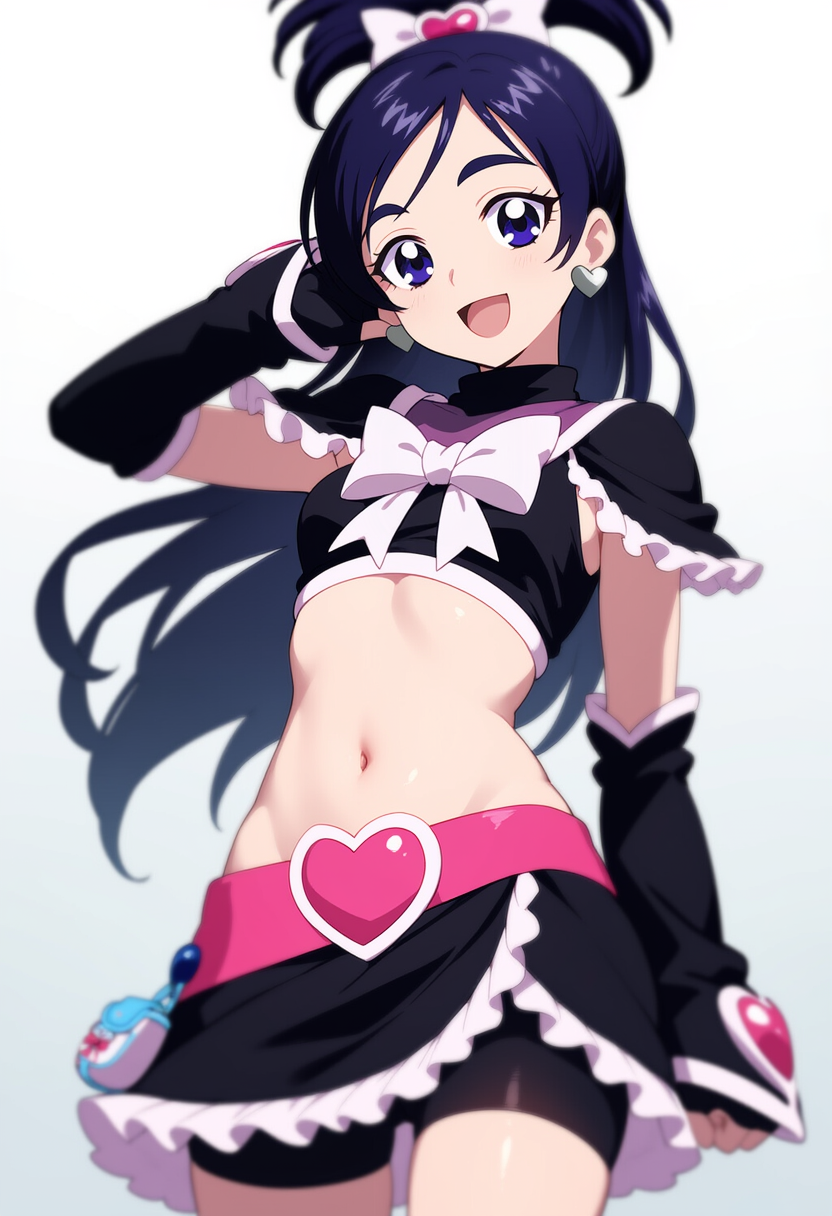 1girl, :d, alternate_costume, arm_warmers, armpits, bike_shorts, bike_shorts_under_skirt, black_arm_warmers