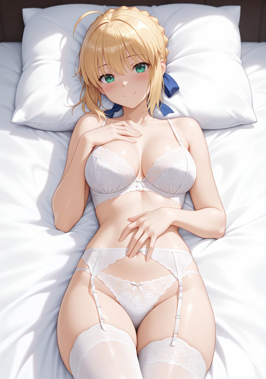 1girl, \||/, absurdres, ahoge, artoria_pendragon_(fate), bare_arms, bed_sheet, blonde_hair