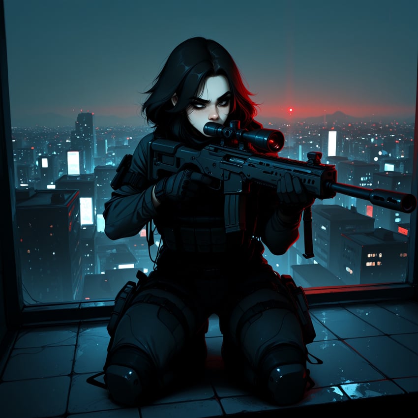 1girl, aiming, black_hair, black_outfit, combat_gear, darkershadeofpale, gloves, gun