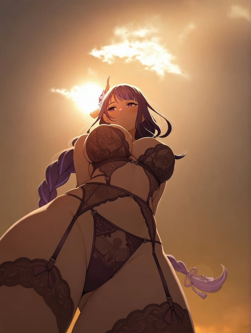 1girl, absurdres, arms_behind_back, ass_visible_through_thighs, backlighting, blush, bra, braid, braided_ponytail, breasts, closed_mouth, cloud, from_below, garter_belt, genshin_impact, hair_ornament, highres, lace-trimmed_legwear, lace_trim, large_breasts, lingerie, long_hair, mole, mole_under_eye, navel, panties, purple_eyes, purple_hair, raiden_shogun, sky, solo, thighhighs, thighs, timmy_tommy_1, underwear, underwear_only, very_long_hair