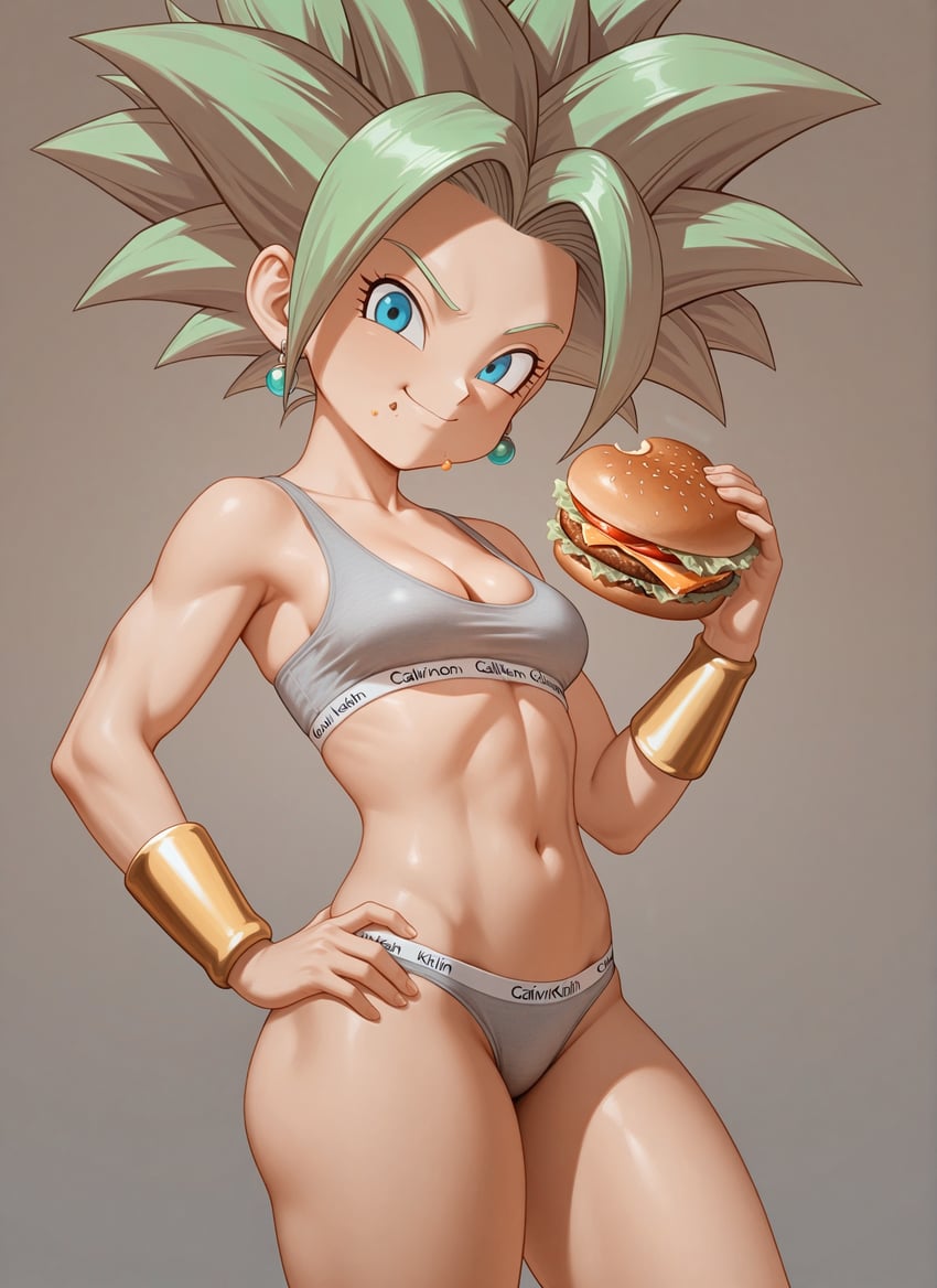 1girl, abs, blonde_hair, blue_eyes, breasts, calvin_klein, collarbone, copyright_request, dragon_ball, dragon_ball_super, earrings, eating, food, green_hair, hand_on_own_hip, haruka_(model), highres, holding, holding_food, jewelry, kefla_(dragon_ball), large_breasts, linea_alba, looking_at_viewer, open_cleavage, raijin_(athanasios), smile, solo_focus, spiked_hair, standing, super_saiyan, sweat, thick_thighs, thighs, underwear, underwear_only