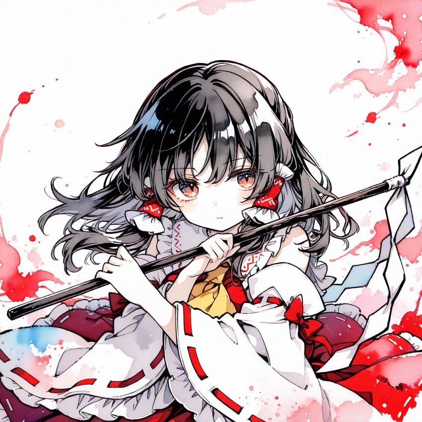 1girl, ascot, bare_shoulders, black_hair, bow, brown_eyes, closed_mouth, detached_sleeves, frilled_bow, frilled_hair_tubes, frills, gohei, hair_tubes, hakurei_reimu, holding_gohei, non-web_source, nontraditional_miko, red_bow, red_shirt, ribbon-trimmed_sleeves, ribbon_trim, rinnka041, sakushimix, shirt, simple_background, touhou, white_sleeves, wide_sleeves, yellow_ascot